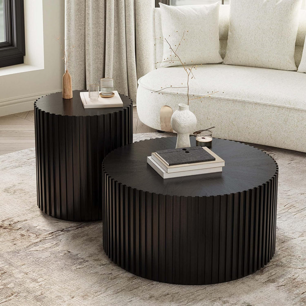 POVISON Side Table, Round Wood Coffee Table Modern Side Table End Table for Living Room, Fluted Coffee Table, Black, Fully Assembled