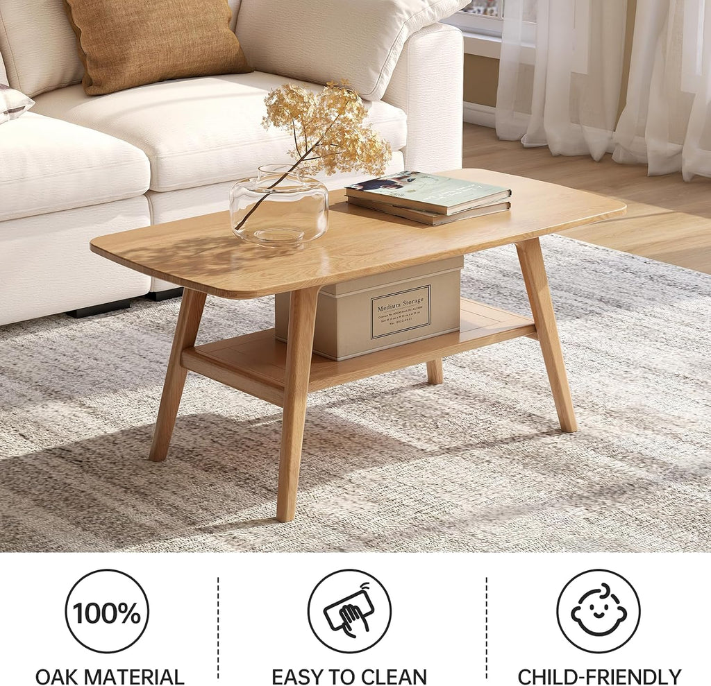 100% Solid Wood Coffee Table for Living Room, 39.37' Mid Century Modern Small Tables with Shelf Storage, 2-Tier Coffee Table with Rounded Corners (Oak Wood Log Color, 39.37' L)