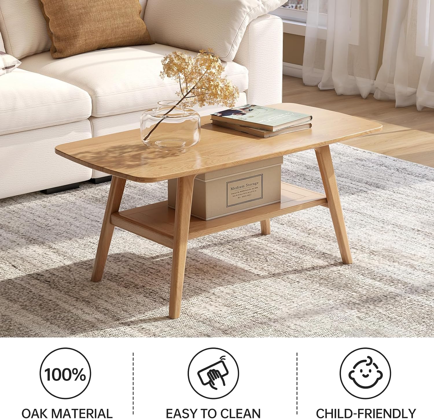 100% Solid Wood Coffee Table for Living Room, 39.37' Mid Century Modern Small Tables with Shelf Storage, 2-Tier Coffee Table with Rounded Corners (Oak Wood Log Color, 39.37' L)