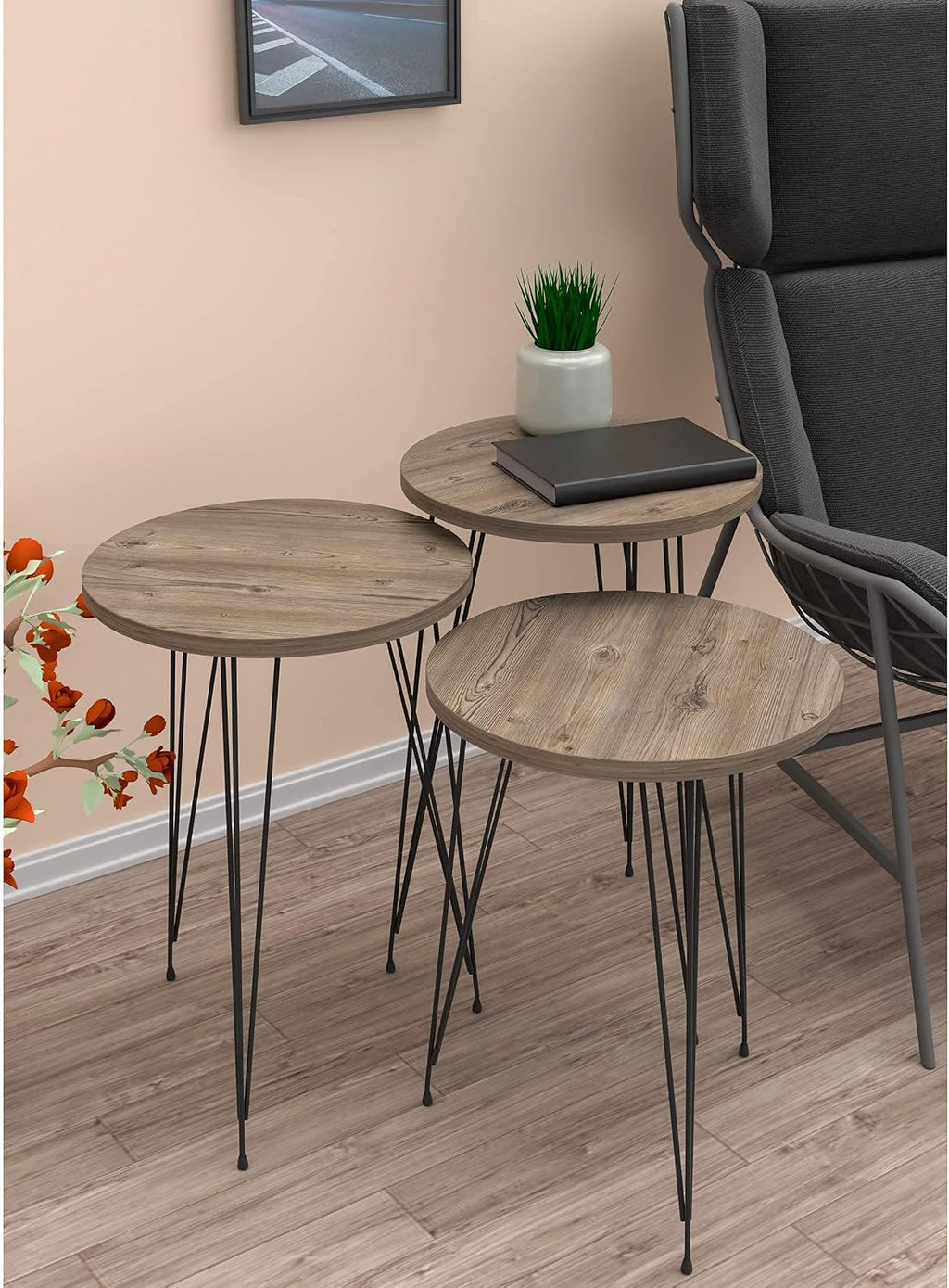 Set of 3 Pine Wood Grey Nesting End Tables Round Wood Stacking Coffee Side Accent Table with Metal Legs for Living Room, Home Office, Nightstands for Bedroom