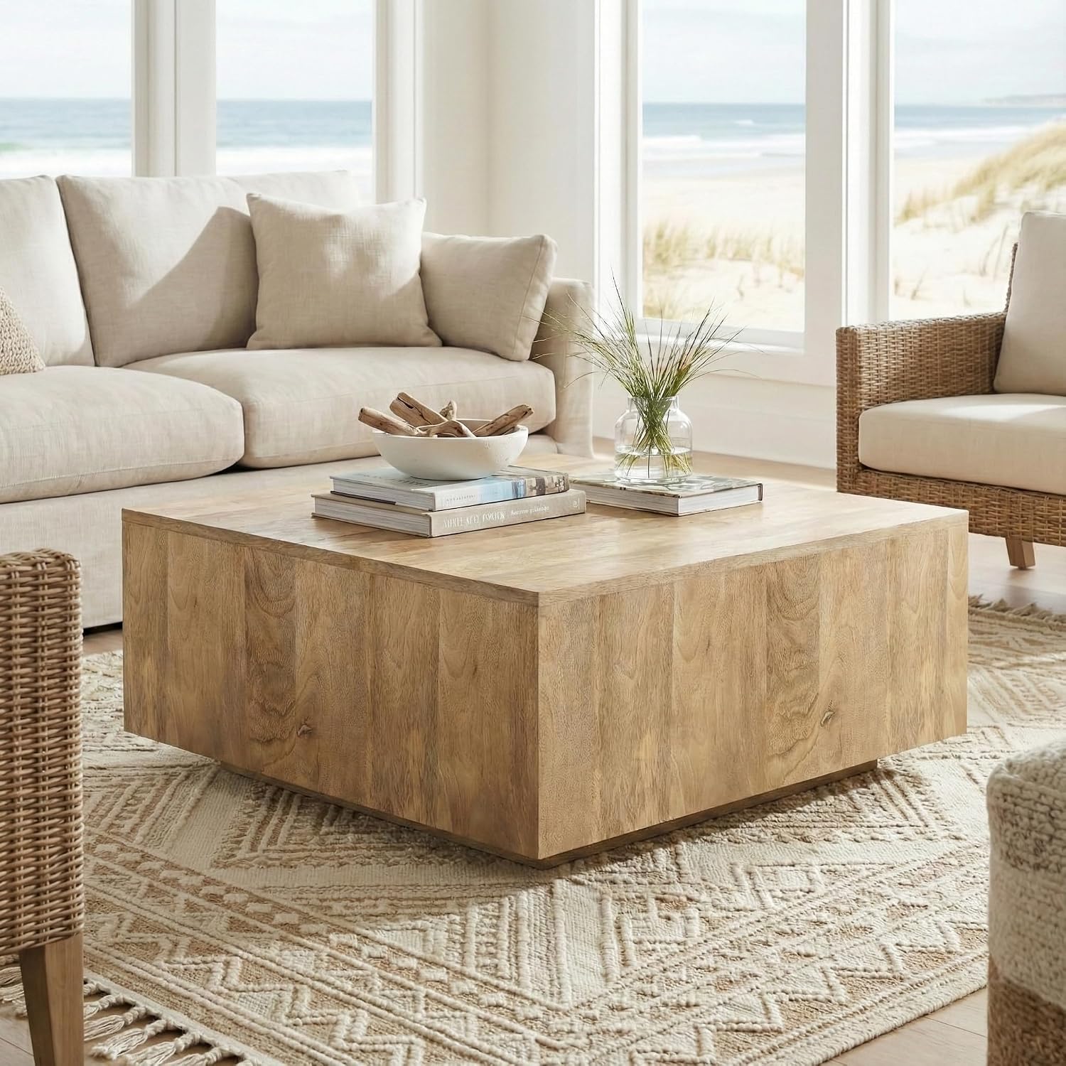 SIMPLIHOME Lockhart Square Coffee Table - 30 inch Wide Solid Mango Wood Living Room Table in Natural Blonde, Modern Cocktail Table for Family Room with Large Surface and Low Profile, Assembled