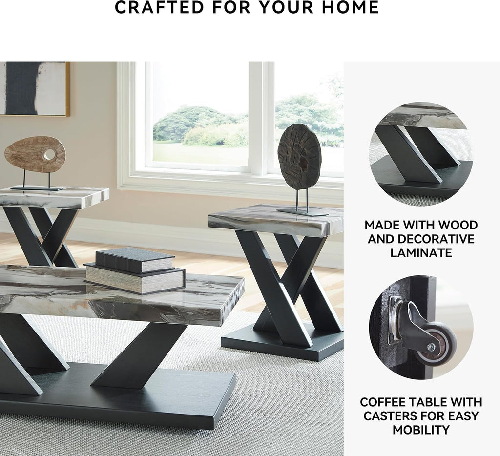 Signature Design by Ashley Cendill Contemporary Faux Marble Table with Casters, Set of 3, White & Black