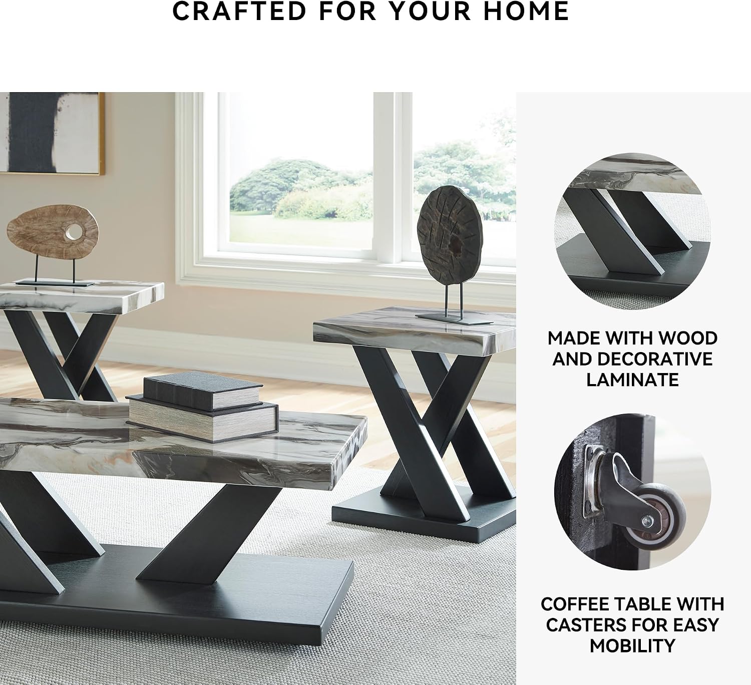 Signature Design by Ashley Cendill Contemporary Faux Marble Table with Casters, Set of 3, White & Black