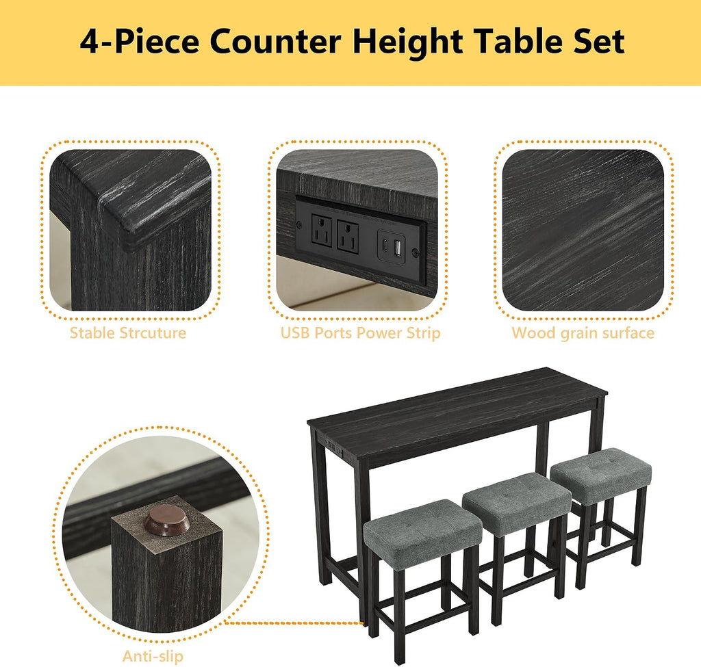 Merax 59' Bar Table Set with Power Outlet,Industrial Breakfast Table with 3 Upholstered Stools w/Footrest,4 Piece Counter Height Bar Table and Chair Set for Living Room,Dining Room,Kitchen,Black