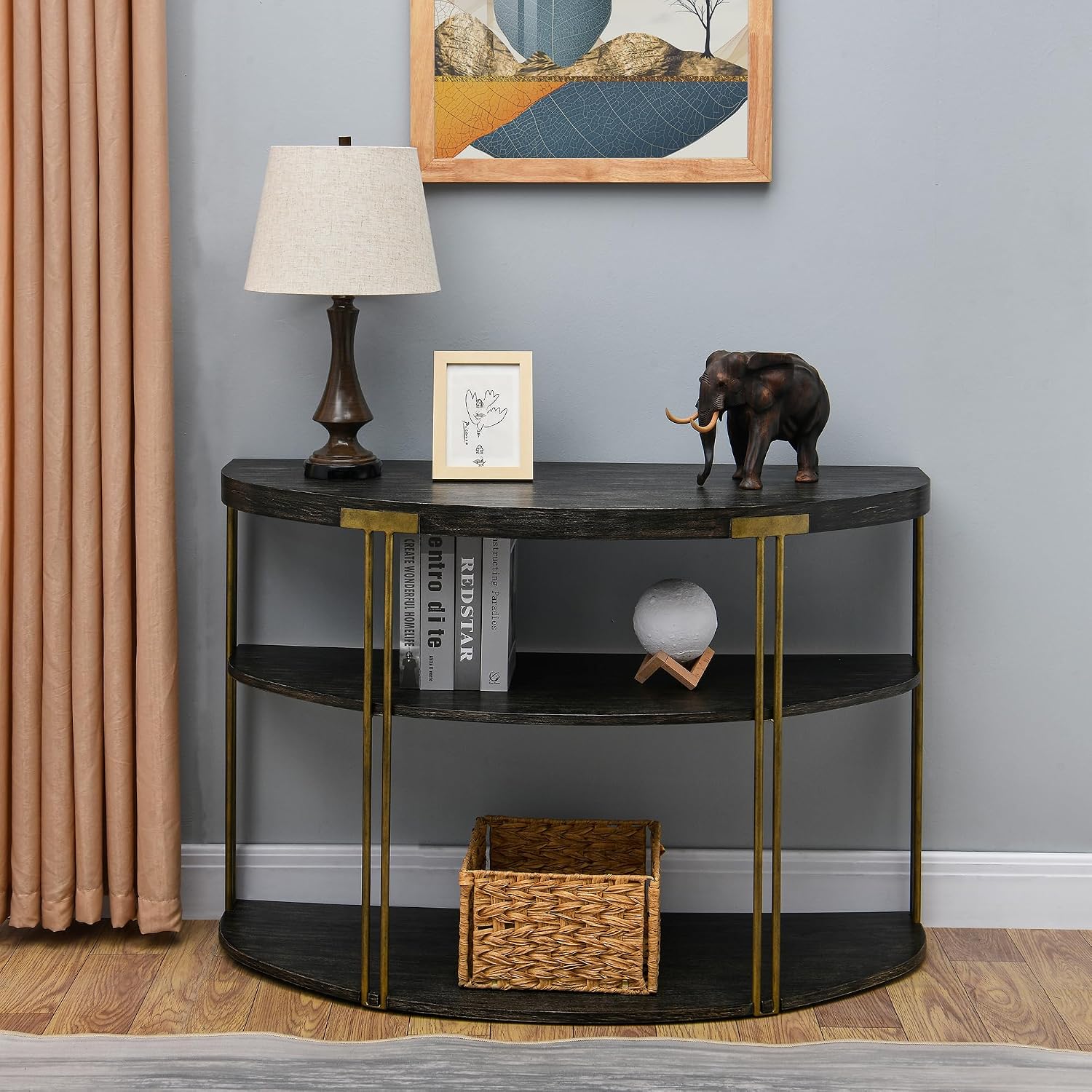 Biaco Modern Industrial Coffee Table Set of 3 - Living Room Furniture Set with Coffee, Side, and Console Tables - Antique Accent, Birch Veneer Texture & Gold Metal Legs, Brushed Black
