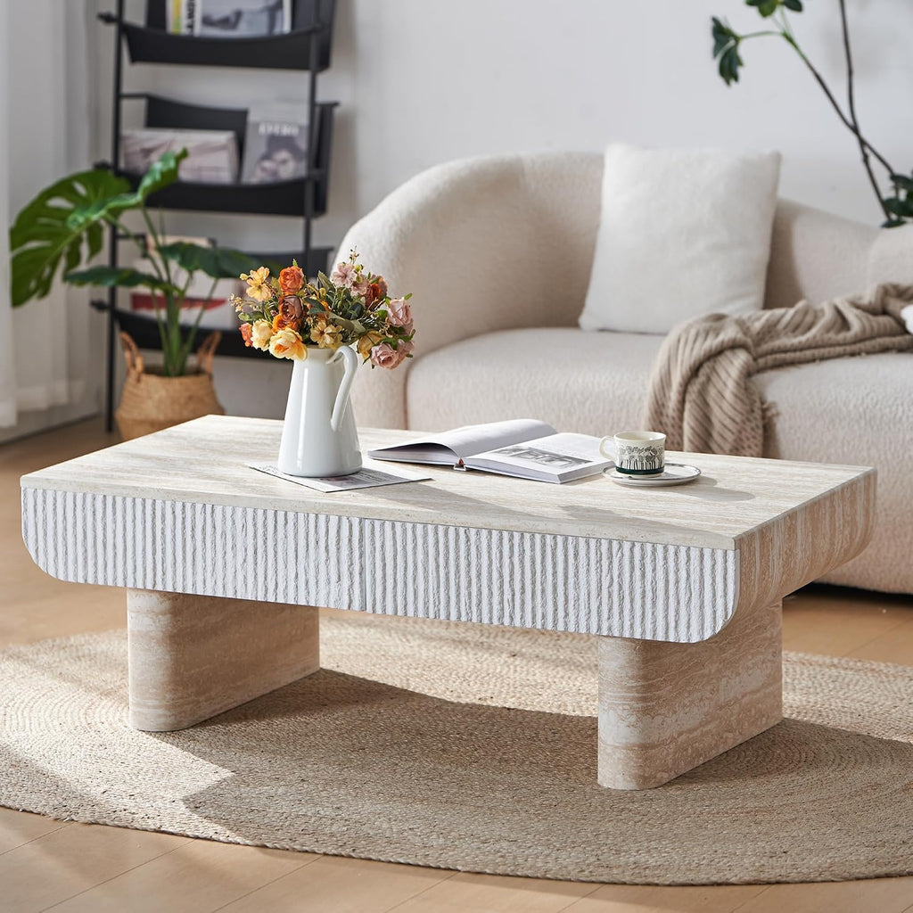 47' Travertine Coffee Table with Storage, Mid-Century Modern Fluted Coffee Tables with 2 Drawers for Living Room, Large Rectangular Coffee Center Tea Table with Sturdy Legs for Apartment Small Spaces