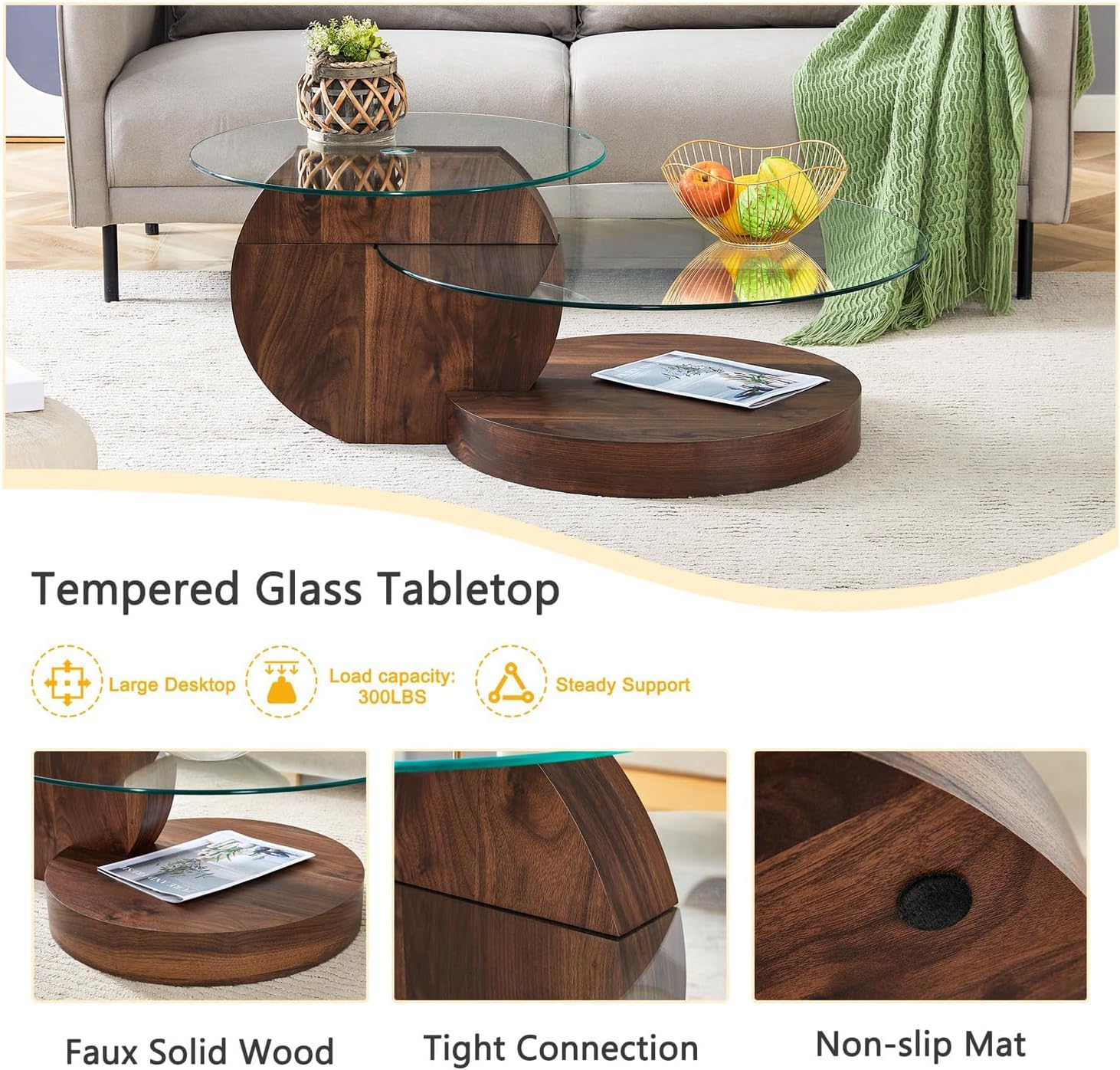 Glass Coffee Table, Modern Round Clear Coffee Tables for Living Room, 3-Tier Circle Tempered Coffee Table with Storage Wooden Side Table for Home Bedroom Balcony Yard (Walnut, 42 inch)