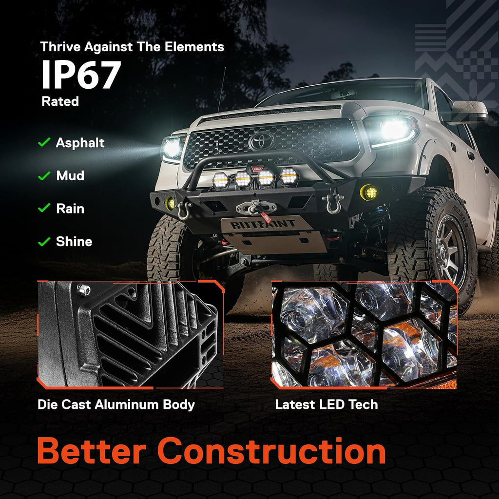 TRUE MODS 80W 5' Round LED Pods Offroad Light Pair Set [Side Shooter Optics] [Amber Turn Signal Marker Light] Off-Road Fog Driving Lights for UTV ATV Jeep Wrangler SxS 4x4 Truck Pick-Up Auto - Black