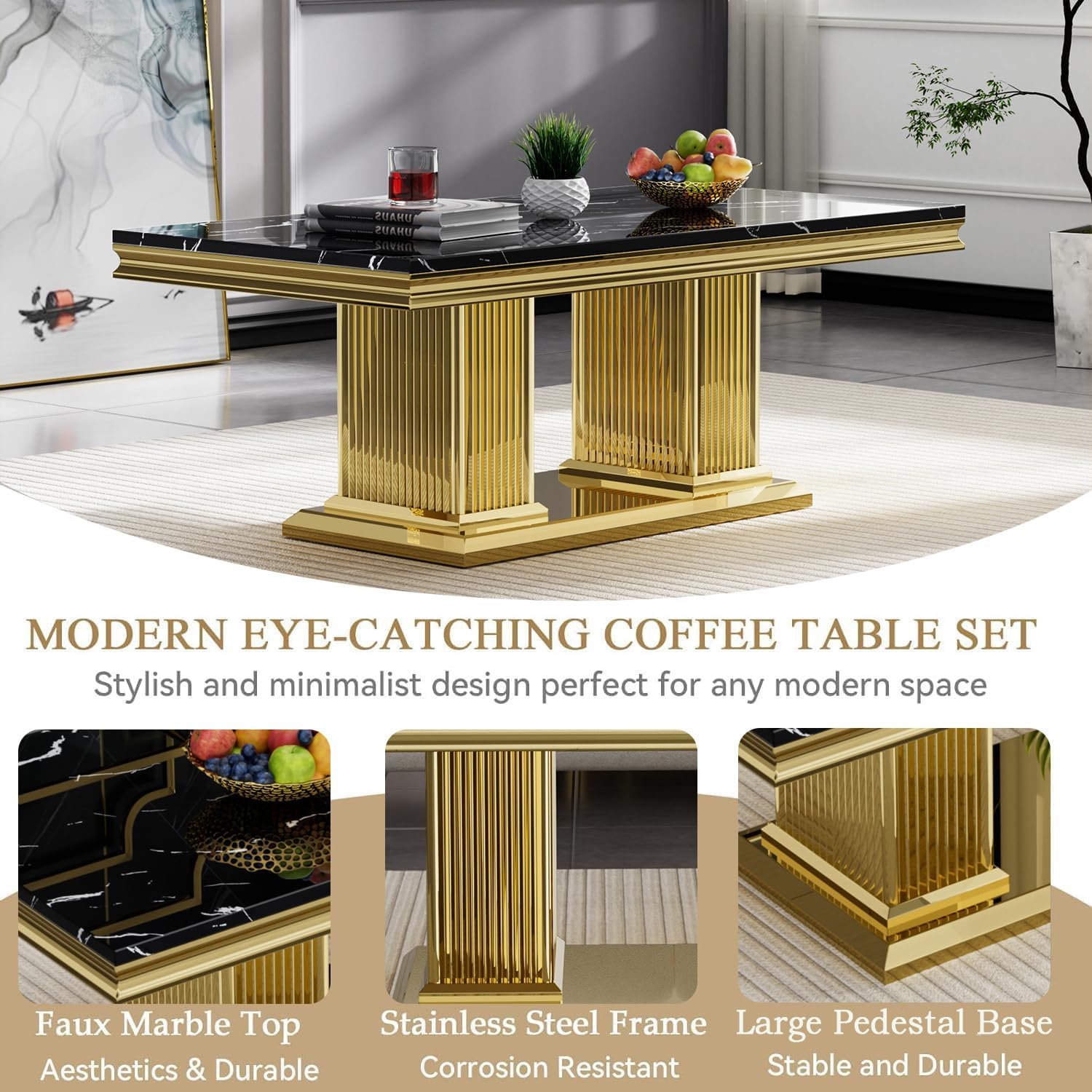 2 Pieces Coffee Table Set, Black Faux Marble Living Room Table Set of 2, Modern Marble Coffee Table and Console Table with Gold Column-Shaped Stainless Steel Base for Living Room Home Office