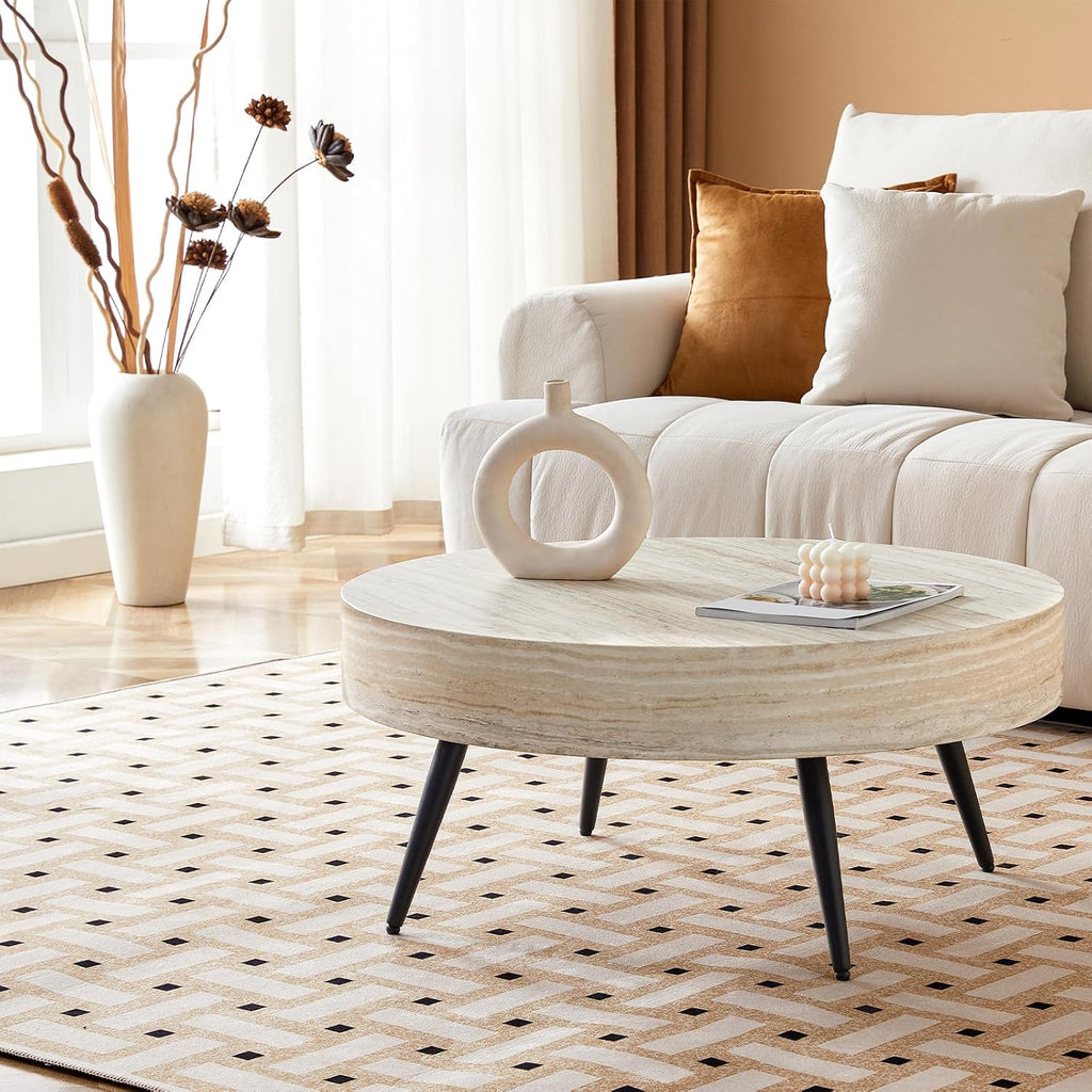 31.5' Modern Round Coffee Table,Small Coffee Tables Center Table with Metal Legs Wood Mars Marble-Patterned Tabletop for Living Room Office Apartment,Easy to Assemble, Wood Mars Marble