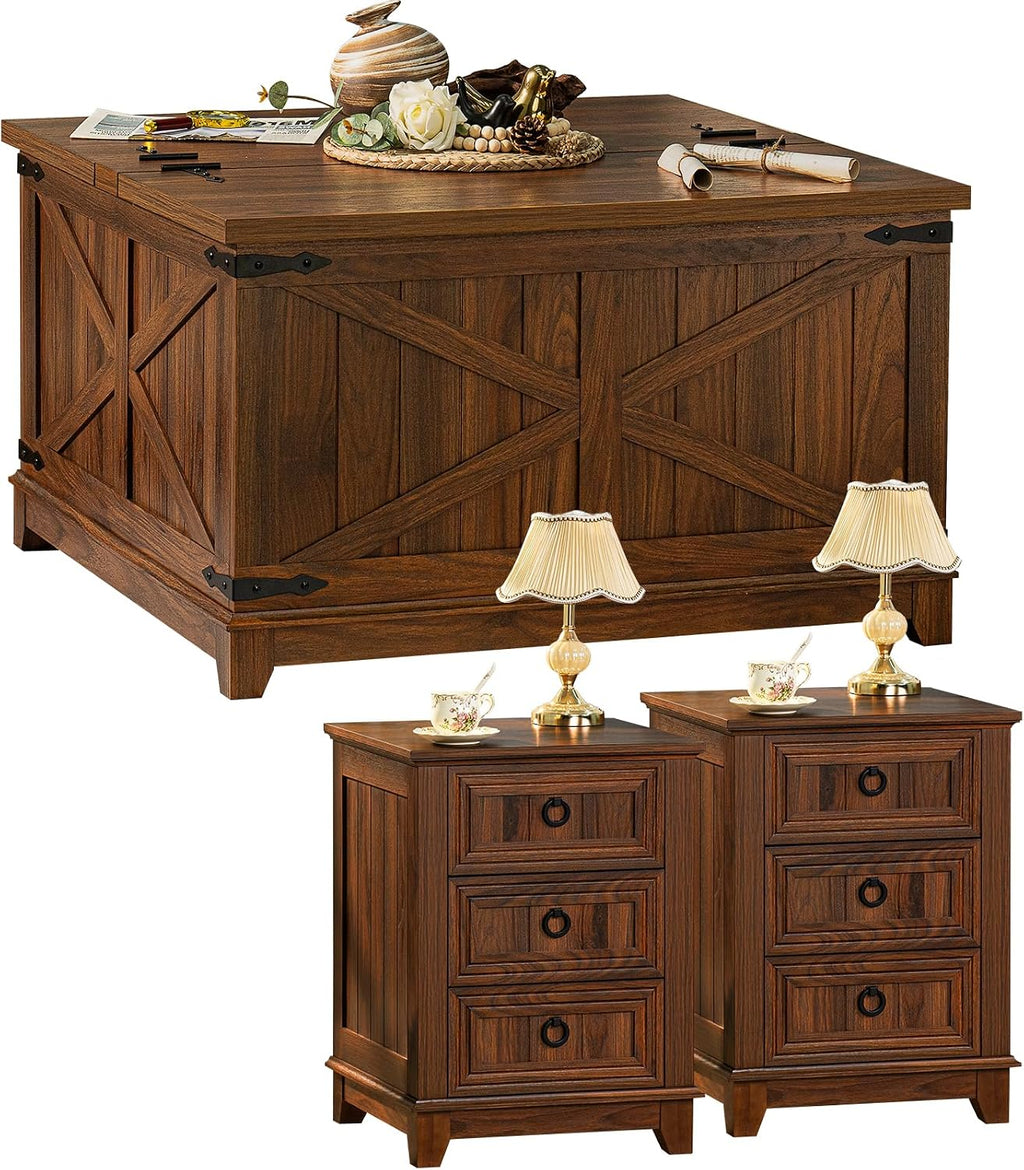 Joaxswe Farmhouse Coffee Table Set of 3, Furniture Set, Coffee Table with Hidden Storage Organizer and Nightsand 3-Piece Set, Large Country Natural Center Table Set for Living Room,Office, Home