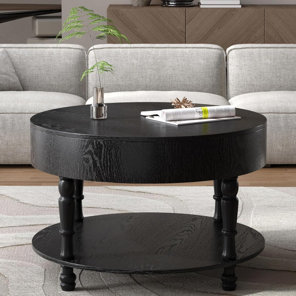 31.5'' Round Coffee Table with Storage Space, 2-Tier Modern Rustic Wood Circle Coffee Table for Living Room, Moveable Table Top & Easy Assembly, Black