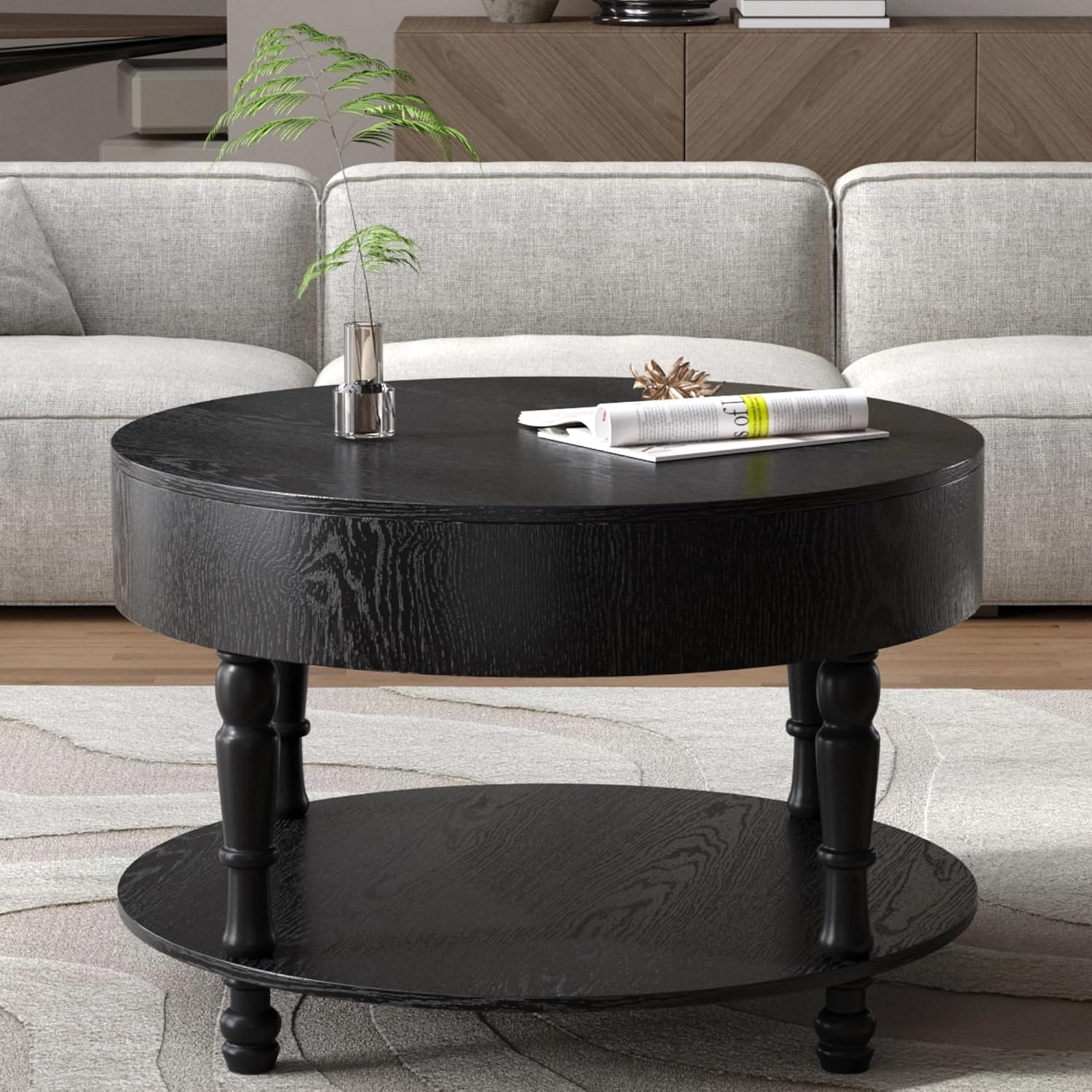 31.5'' Round Coffee Table with Storage Space, 2-Tier Modern Rustic Wood Circle Coffee Table for Living Room, Moveable Table Top & Easy Assembly, Black
