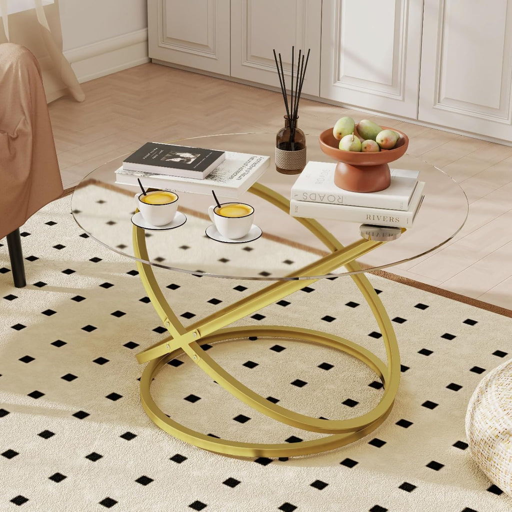 Glass Coffee Table, Round Coffee Table with Ring Gold Metal Frame, Large Modern Minimalist Coffee Table for Decoration, Coffee Tables for Living Room, Study Room, Office