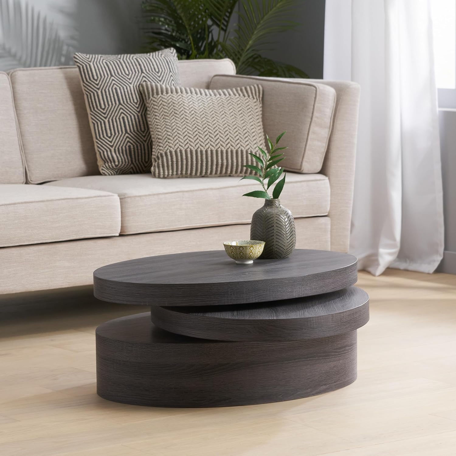 Round Oval Coffee Table Modern 3-Tier Rotatable Wood Coffee Table, Easy Assembly, Black (40.15 * 23.75 * 13in)