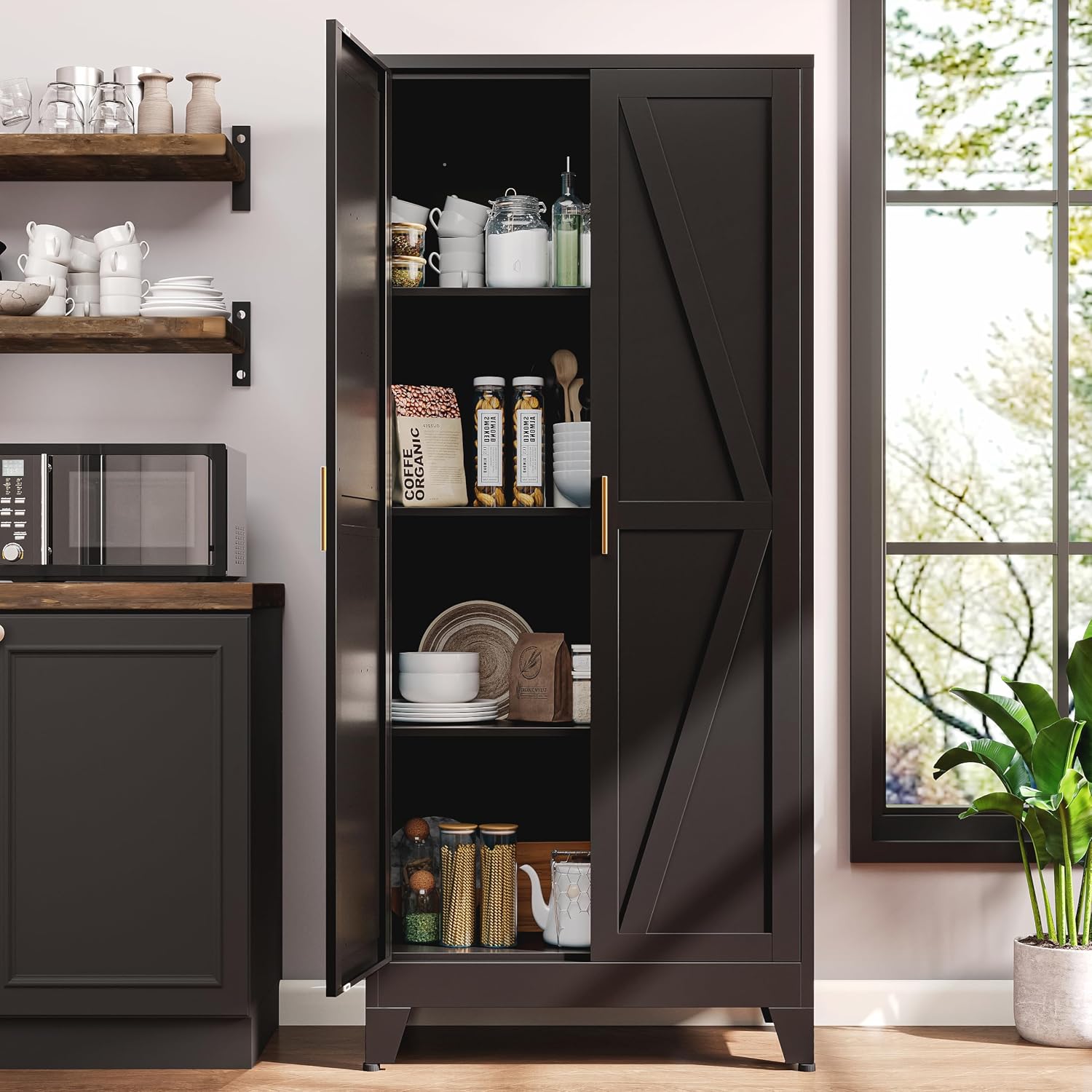 61'H Black Pantry Kitchen Cabinet with Doors,Black Storage Cabinets,Freestanding Pantry Cabinet,Farmhouse Food Storage Cabinets,Tall and Large Pantry Cabinets for Kitchen, Dining Room, Living Room