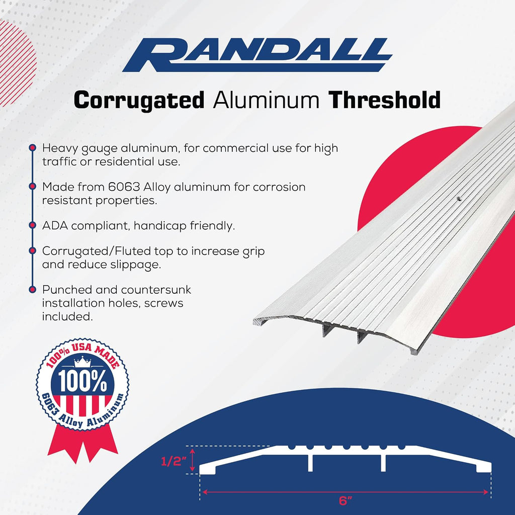 Randall Manufacturing Co., Inc Heavy‑Duty 6 FT (72 3/4 inches) 6″ Wide x 1/2″ High Aluminum Threshold – Commercial‑Grade Transition Strip – Durable and ADA Compliant