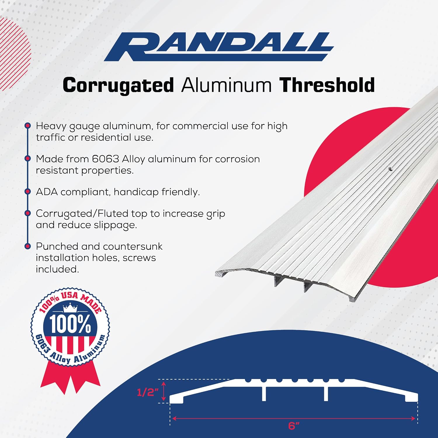 Randall Manufacturing Co., Inc Heavy‑Duty 6 FT (72 3/4 inches) 6″ Wide x 1/2″ High Aluminum Threshold – Commercial‑Grade Transition Strip – Durable and ADA Compliant