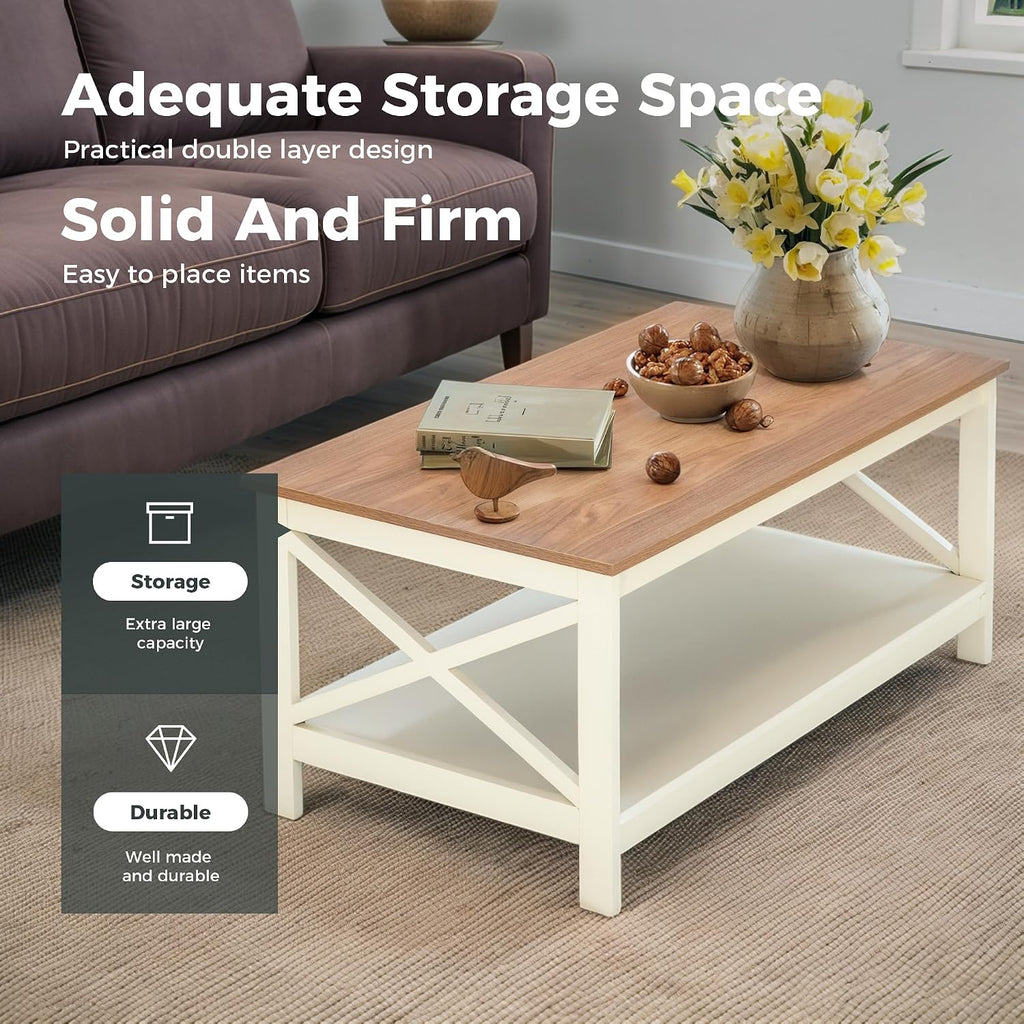MAISON ARTS Farmhouse Coffee Table 39'', 2-Tier Coffee Table Set with Storage for Living Room, X-Frame Design Rustic Center Table, Easy Assembly, Ivory White
