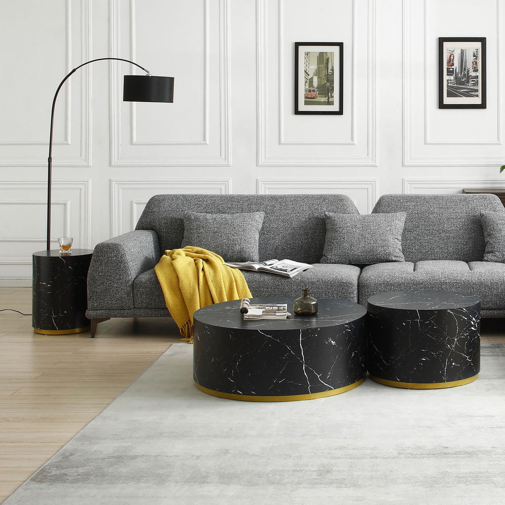 JUSTONE Faux Marble Coffee Table Set of 3,Modern White Coffee Table with Gold Rim Bottom,Perfect for Living Room Apartment, Black& Gold