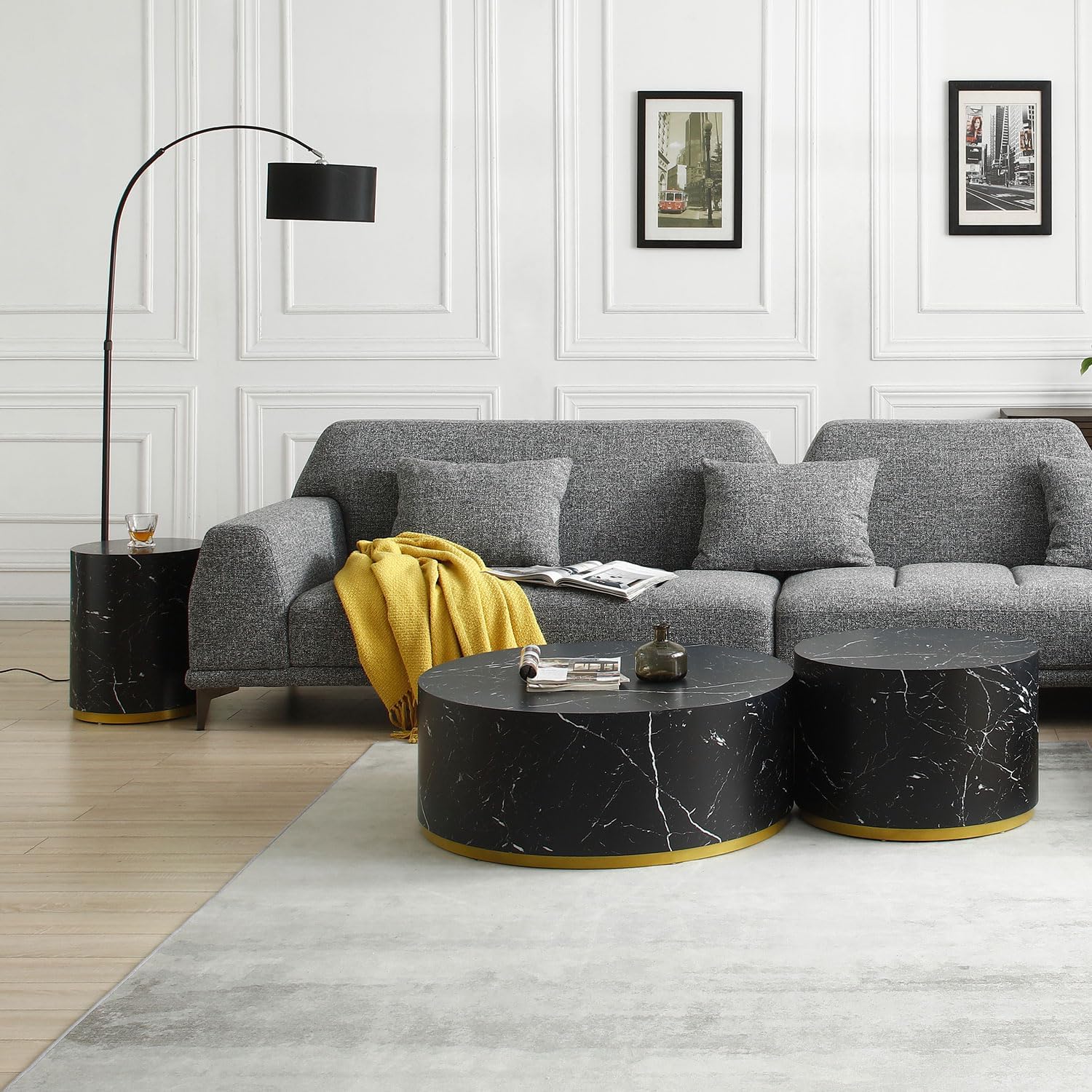 JUSTONE Faux Marble Coffee Table Set of 3,Modern White Coffee Table with Gold Rim Bottom,Perfect for Living Room Apartment, Black& Gold