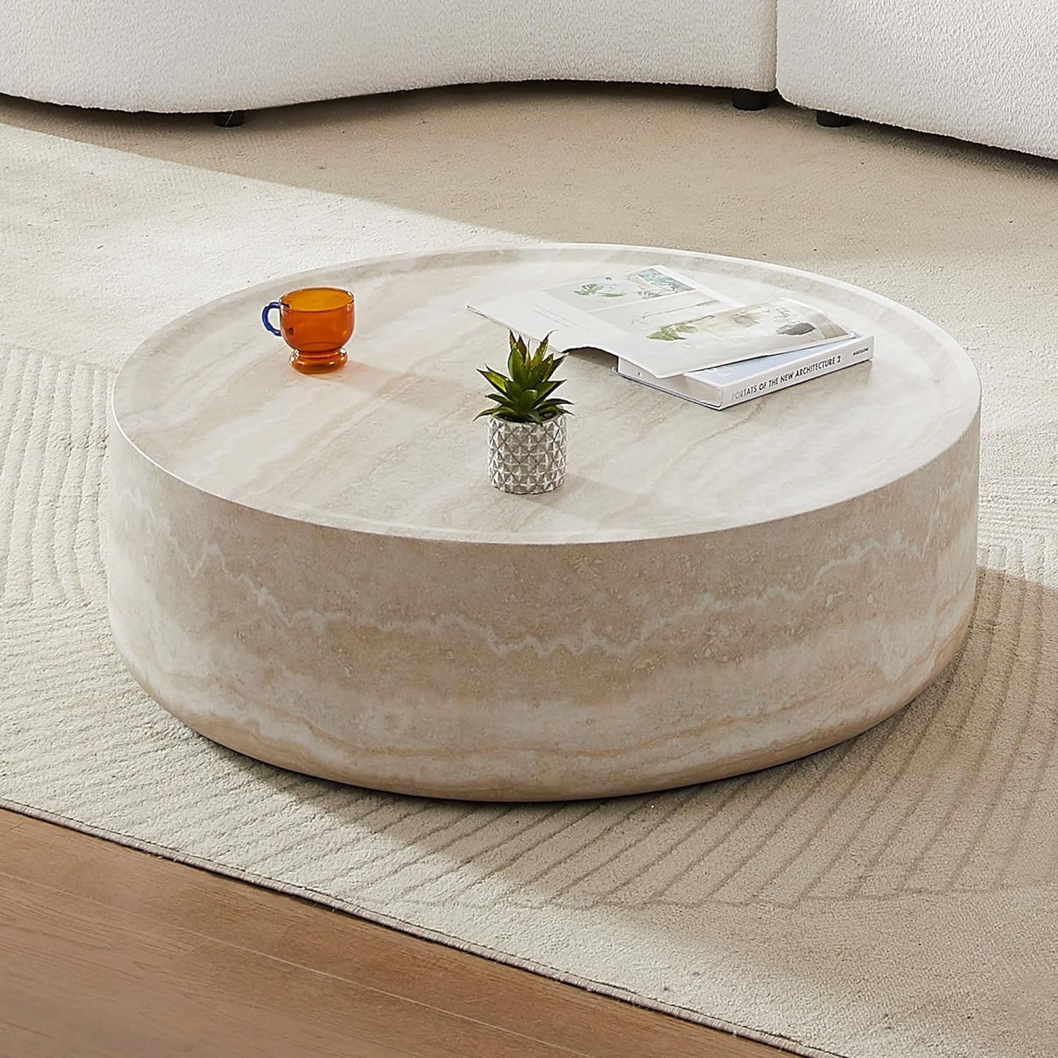 WILLIAMSPACE 35.43'' Round Coffee Table in Faux Marble, Modern Circle Fiberglass Drum Stone Center Table Side Table Tea Table for Living Room, No Need Assembly (Mars Pattern)