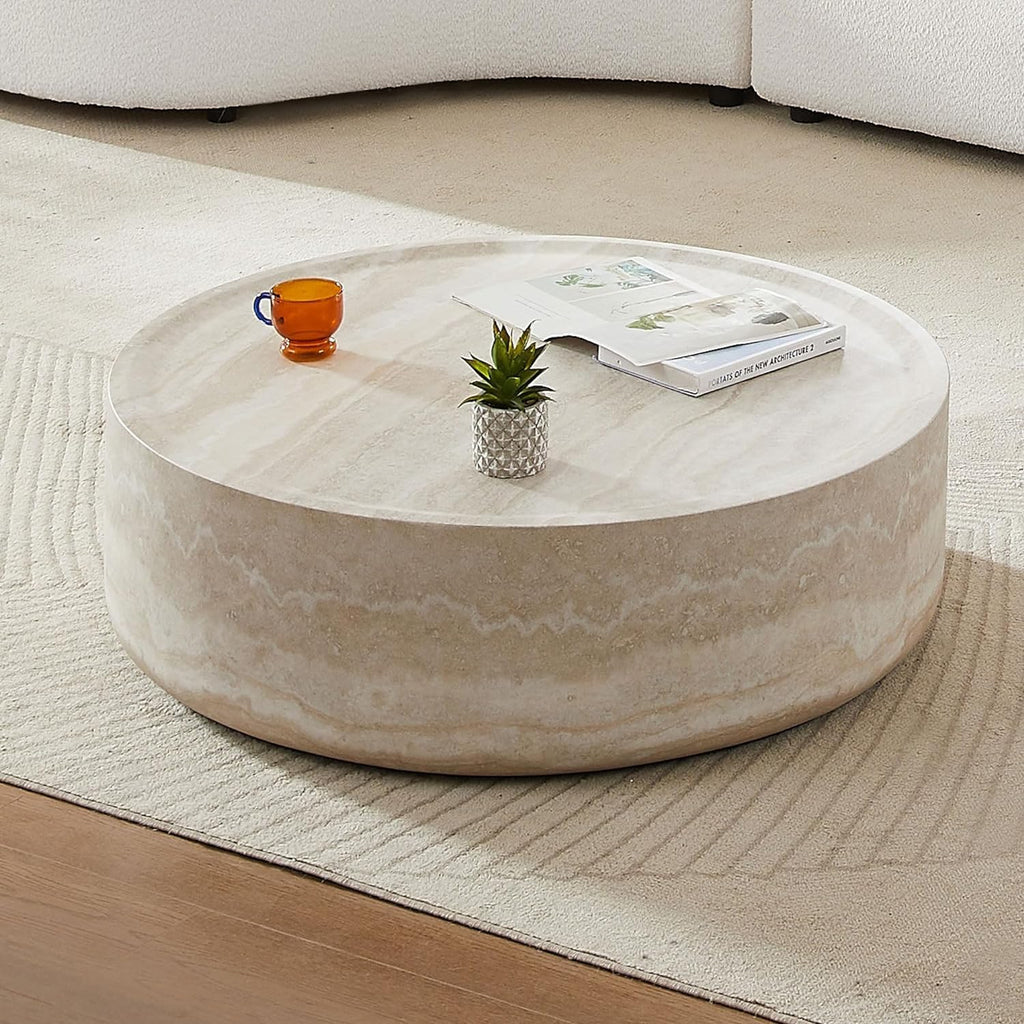 WILLIAMSPACE 39.37'' Round Coffee Table in Faux Marble, Modern Circle Fiberglass Drum Stone Center Table Side Table Tea Table for Living Room, No Need Assembly (Mars Pattern)