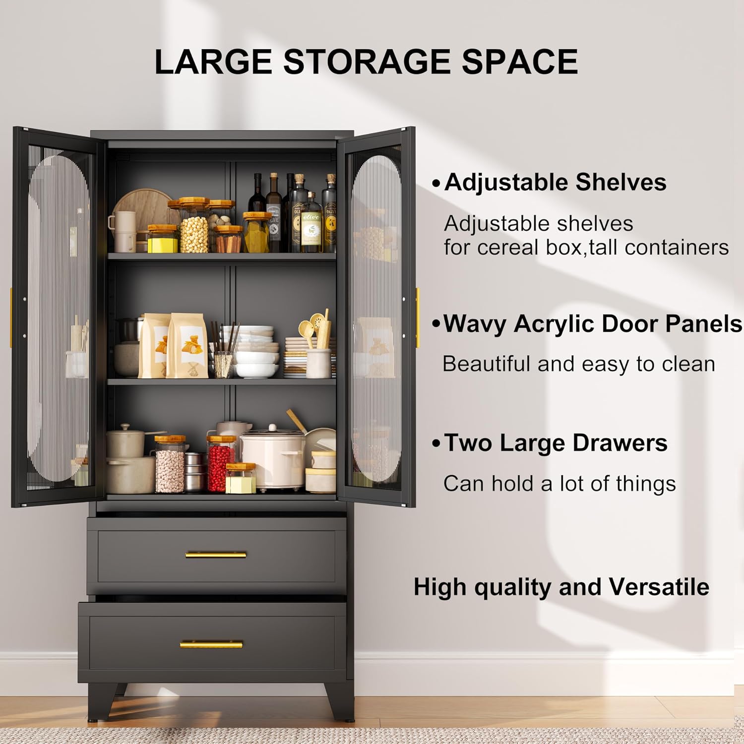 PAOFIN Kitchen Pantry Storage Cabinet with 2 Acrylic Doors, 2 Drawers,2 Adjustable Shelves, freestanding Cupboard Versatile Storage for Office, Laundry,Dining Room or Living Room (61' Black)