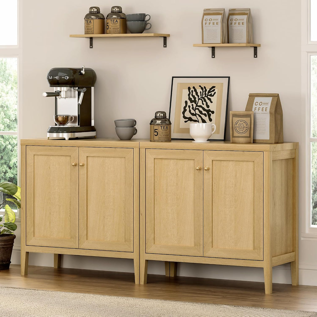 EYYTHUNG Farmhouse Buffet Cabinets Set of 2, Sideboard Storage Cabinet with Adjusable Shelve, Accent Cabinet Credenza, Kitchen Coffee Bar Console Table for Living Dining Room, Natural Oak