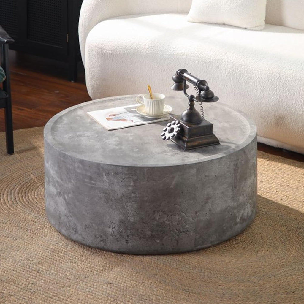 Modern Drum Coffee Table Faux Stone Finish Wood Coffee Tables Concrete Gray Round Center Table for Living Room Home Office,31.5'- Fully Assembled