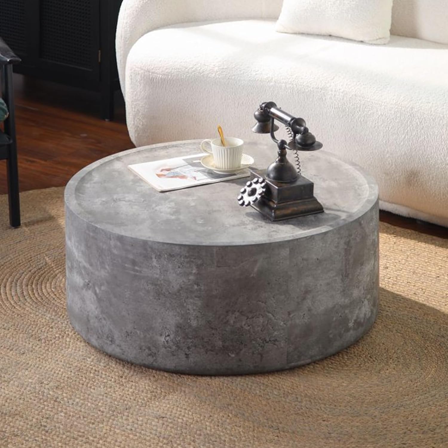 Modern Drum Coffee Table Faux Stone Finish Wood Coffee Tables Concrete Gray Round Center Table for Living Room Home Office,31.5'- Fully Assembled