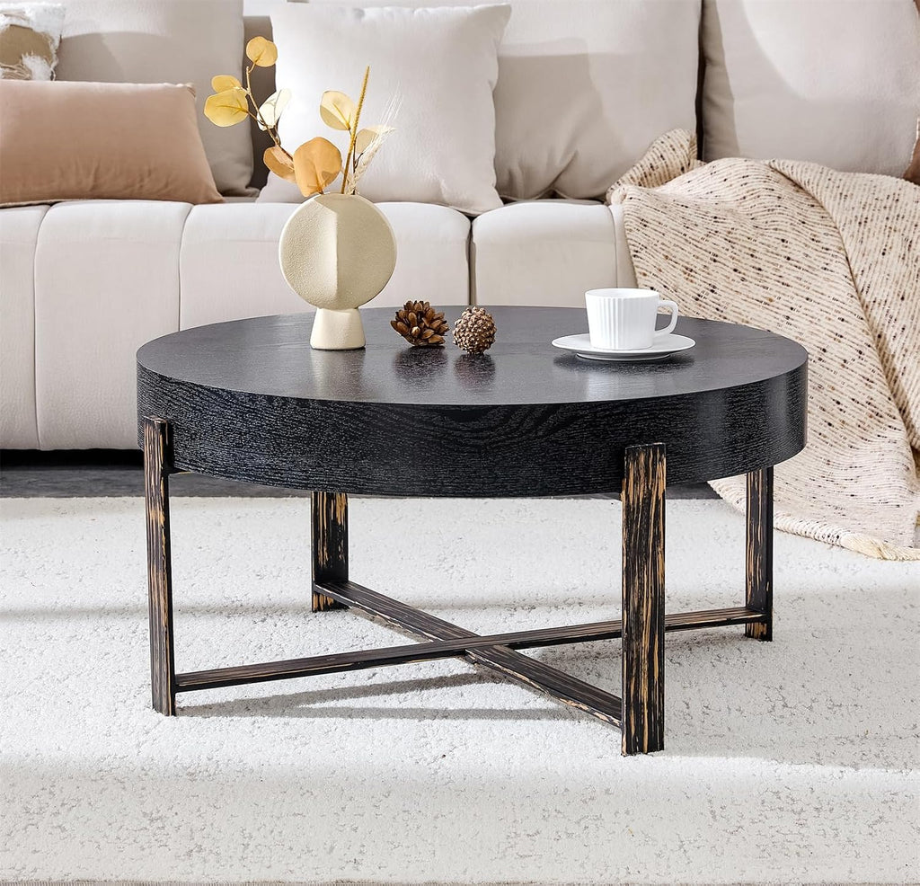 Round Coffee Table, Small Wood Coffee Table with Storage, Modern Mid Century Metal Circle Tables Accent Center Tables for Living Room Apartment Small Space (31.5''D-Black)