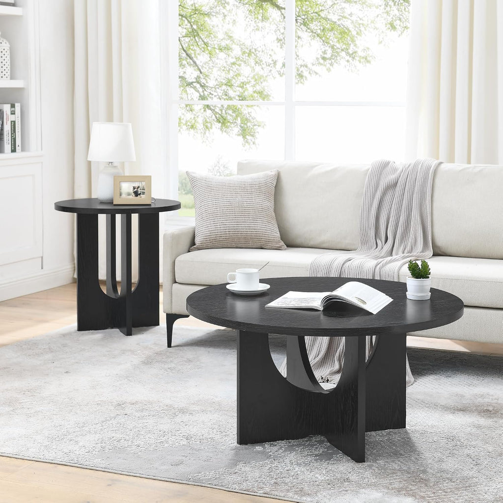 35.8' Black Round Coffee Table, Furniture Table,Modern Accent Table with Reverse Arch,Multi-Purpose Side Table, Veneer Finish End Table for Living Room,Bedroom,Office,and Small Spaces (Black,35.8')