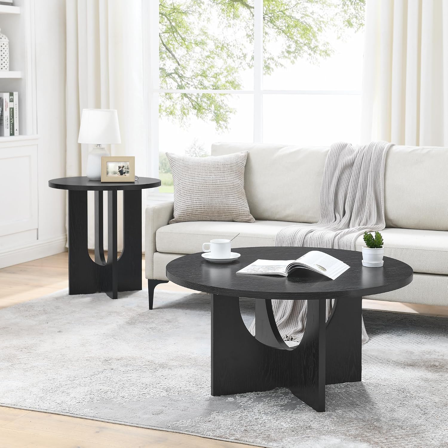 35.8' Black Round Coffee Table, Furniture Table,Modern Accent Table with Reverse Arch,Multi-Purpose Side Table, Veneer Finish End Table for Living Room,Bedroom,Office,and Small Spaces (Black,35.8')