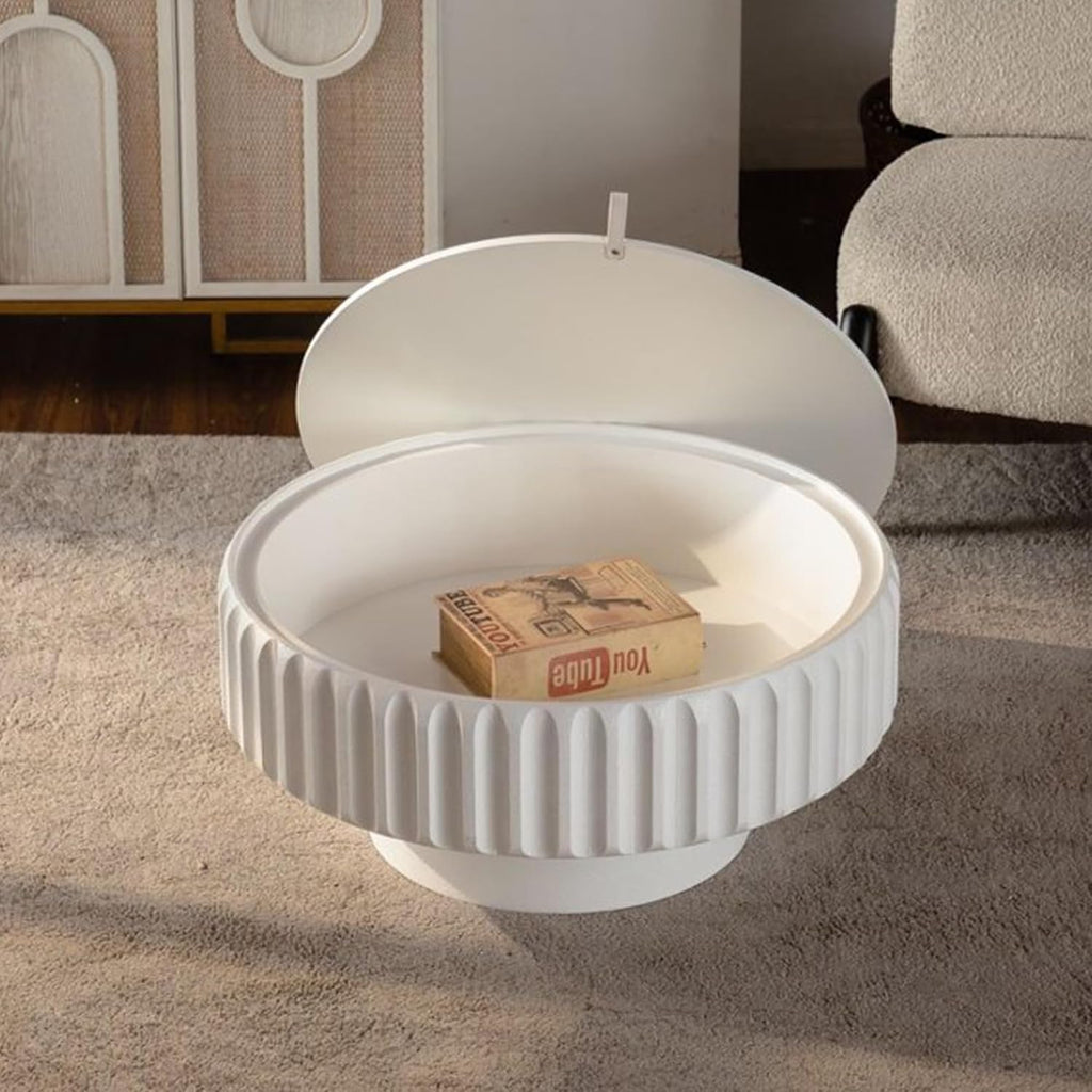 31.5' Round Coffee Table with Lift-top Storage Modern White Fluted Coffee Tables for Living Room Circle Drum Center Table Accent Cocktail Tea Living Room Tables for Apartment Home Office