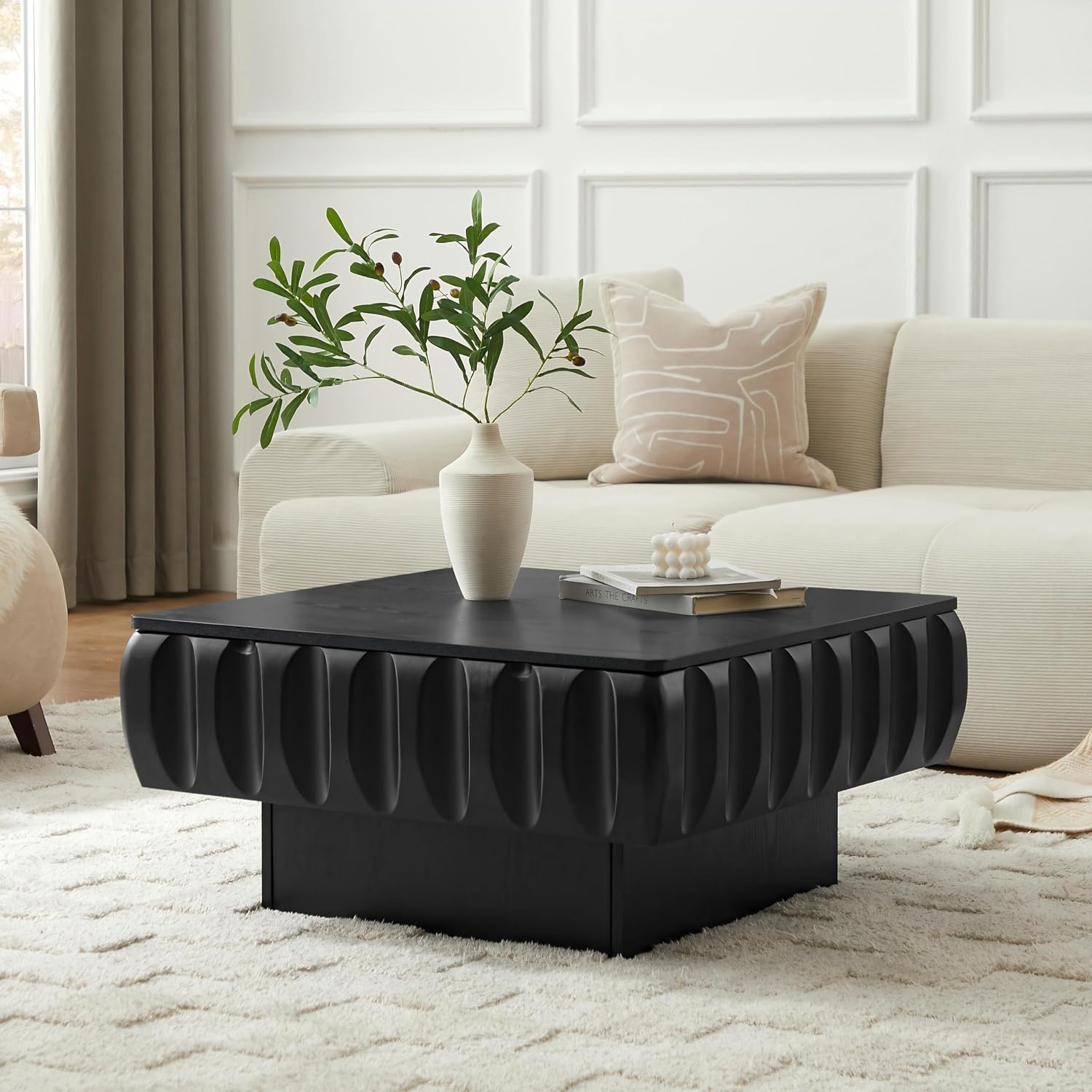 31.1'' Lift Top Coffee Table with Hidden Storage Space, Modern Drum Handcraft Wood Fluted Square Coffee Table for Living Room, Easy Assembly, Black