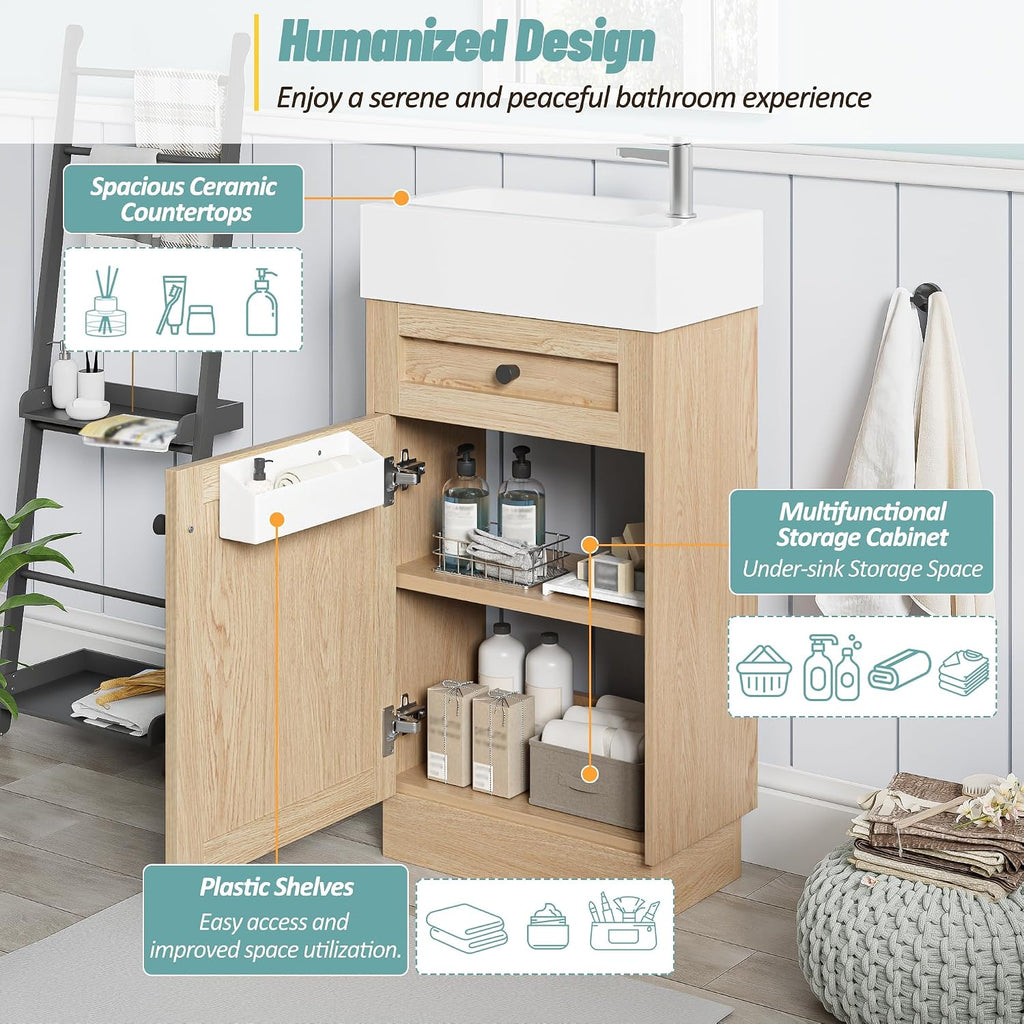 18.5' Bathroom Vanity with Reversible Resin Sink, MDF Cabinet with Adjustable Shelf & Elegant Zinc Alloy Handles, Wood Grain Melamine Finish, Rustic Style for Small Spaces