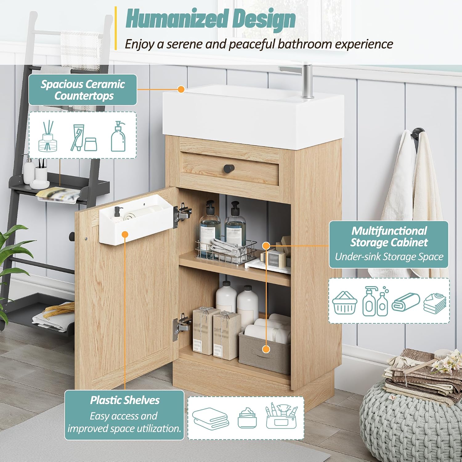 18.5' Bathroom Vanity with Reversible Resin Sink, MDF Cabinet with Adjustable Shelf & Elegant Zinc Alloy Handles, Wood Grain Melamine Finish, Rustic Style for Small Spaces