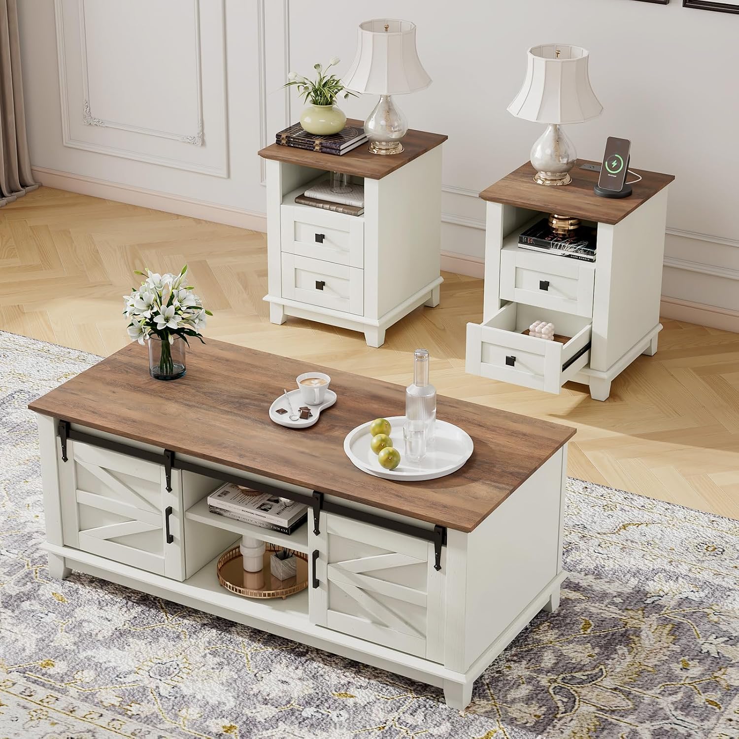LUXOAK Farmhouse Table Set of 3, Coffee Table with Sliding Barn Doors, End Tables Set of 2 with Charging Station for Living Room & Bedroom, Sliding Barn Doors, 2 Tiers Storage Drawer, Antique White