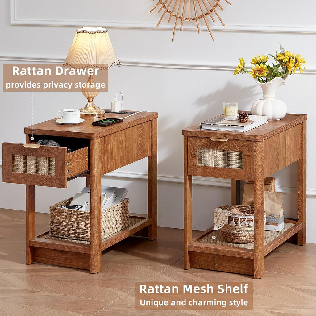 Lerliuo Boho Coffee Table Set of 3, Rattan Coffee and End Table Sets with Charging Station, Living Room Table Set with Open Shelf for Living Room, Tea Brown