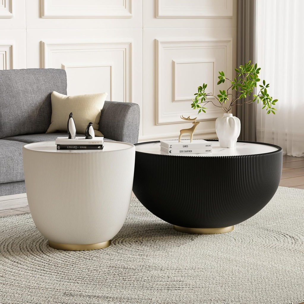 Round Coffee Table Set of 2, Sintered Stone Black Coffee Table with White End Table, Nesting Tables for Living Room, Accent Side Table for Apartment Home Office, No Need Assembly