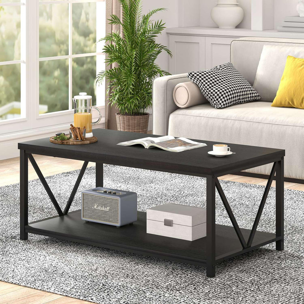 EXCEFUR Small Coffee Table, Modern Living Room Tables with Storage Shelf, Rustic Wood Rectangle Center Table, 2 Tier Wooden Low Cocktail Tea Table for Small Spaces, 39.3 Inch Black Oak