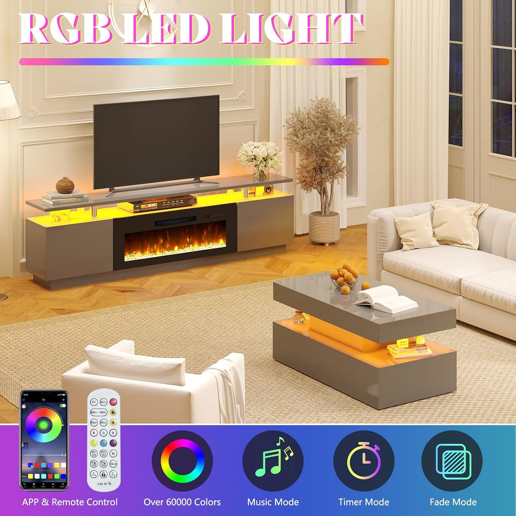 AMERLIFE 3 Piece Modern Living Room Table Set, Includes 80' High Gloss Fireplace TV Stand, 2-Tier Coffee Table, LED Lights Entertainment Center Set for Living Room, Grey
