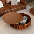 31.5' Drum Coffee Table - Handcraft Solid Wood Edge Stripe Modern Chic Fluted Tea Table with with Storage for Small Space Apartment (D 31.5in)