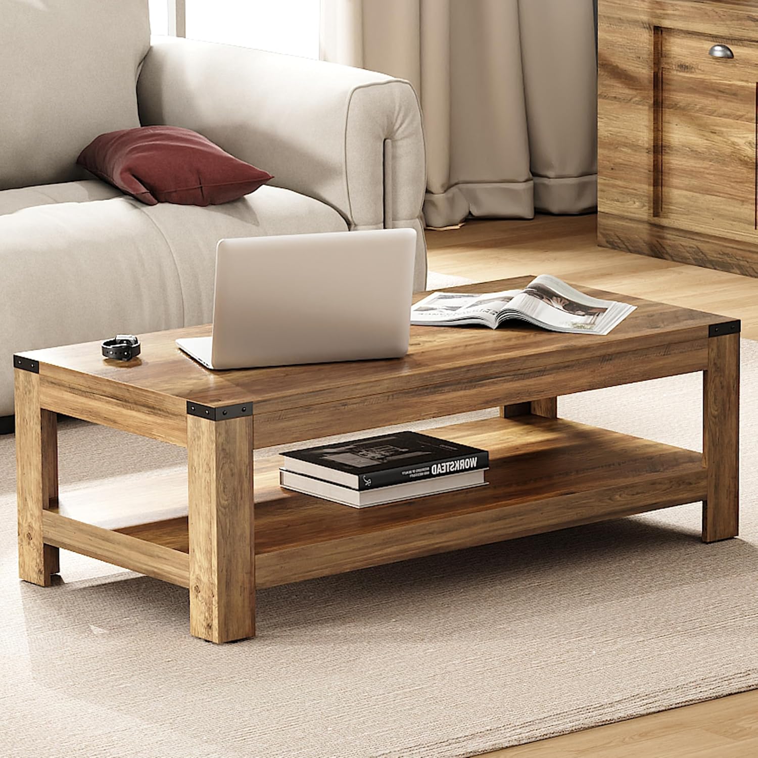 Farmhouse Coffee Table, 47.2' Modern Rustic Wooden Center Table with Storage, Rectangle Living Room Tables, 2-Tier Industrial Cocktail Tea Table for Living Room
