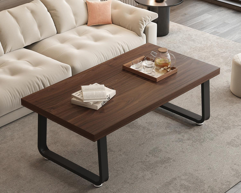 HSH Rustic Walnut Coffee Table, 39' Mid Century Modern Center Table, Rectangle Industrial Living Room Coffee Table, Simple Farmhouse Wood and Metal Tea Coffee Tables for Home Bedroom, Walnut, 39 in