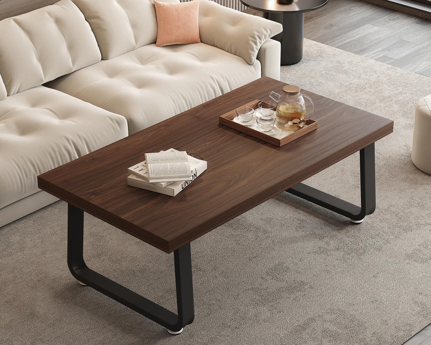 HSH Rustic Walnut Coffee Table, 39' Mid Century Modern Center Table, Rectangle Industrial Living Room Coffee Table, Simple Farmhouse Wood and Metal Tea Coffee Tables for Home Bedroom, Walnut, 39 in