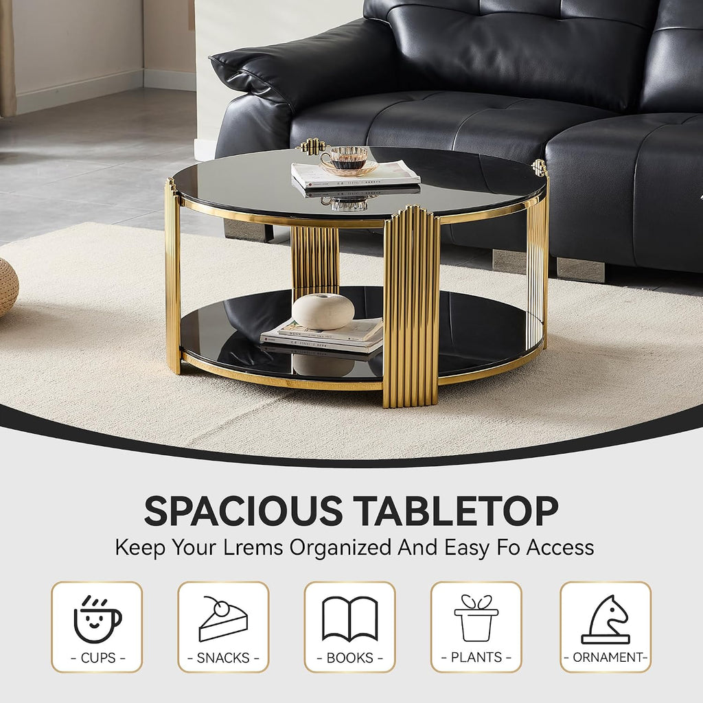Glass Round Coffee Table with 2-Tier Storage, Black Tempered Glass Top with Gold Stainless Steel Frame, Modern Living Room Table Black Gold Round Center Table, 80 LBS Capacity