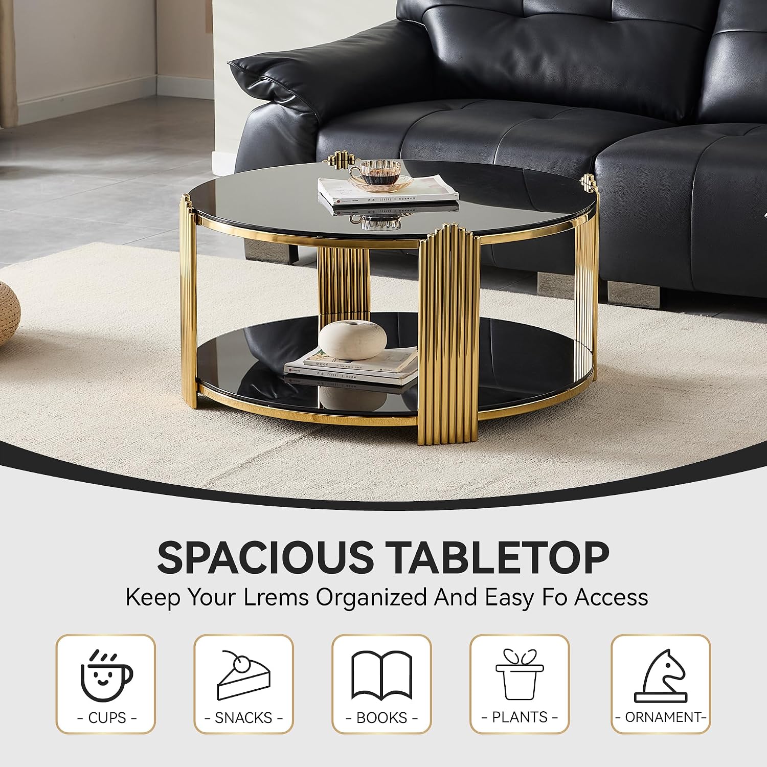 Glass Round Coffee Table with 2-Tier Storage, Black Tempered Glass Top with Gold Stainless Steel Frame, Modern Living Room Table Black Gold Round Center Table, 80 LBS Capacity
