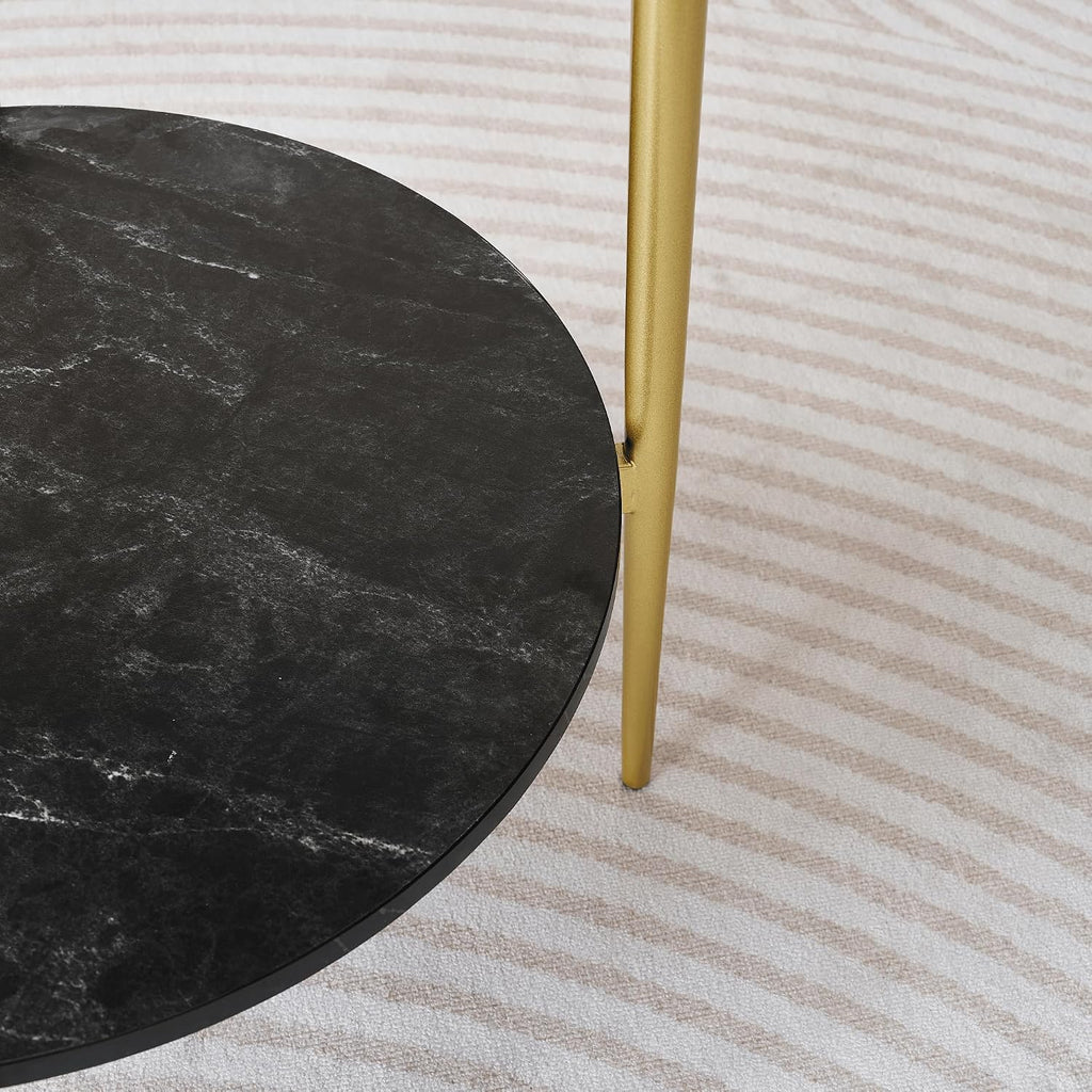 LumFurn Round Glass End Table, Mid-Century Modern Design Sofa Table for Living Room, D18 x H23 in, 2-Tier Structure, Grey Glass Top and Black Marble Shelf, Sleek Conical Legs with Gold Finish Frame